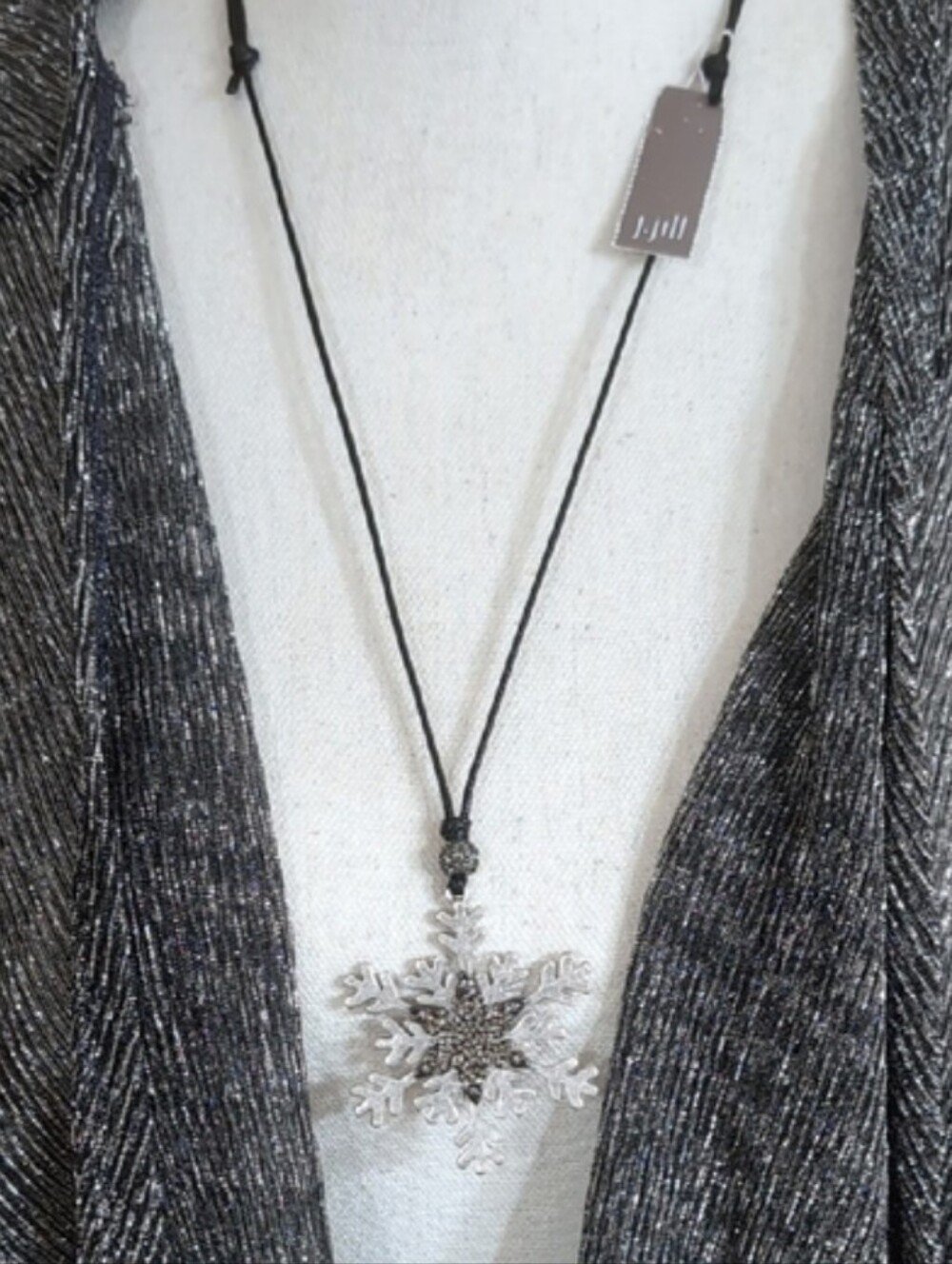 J. Jill Reversible Snowflake Necklace With Black Adjustable Cord NWT